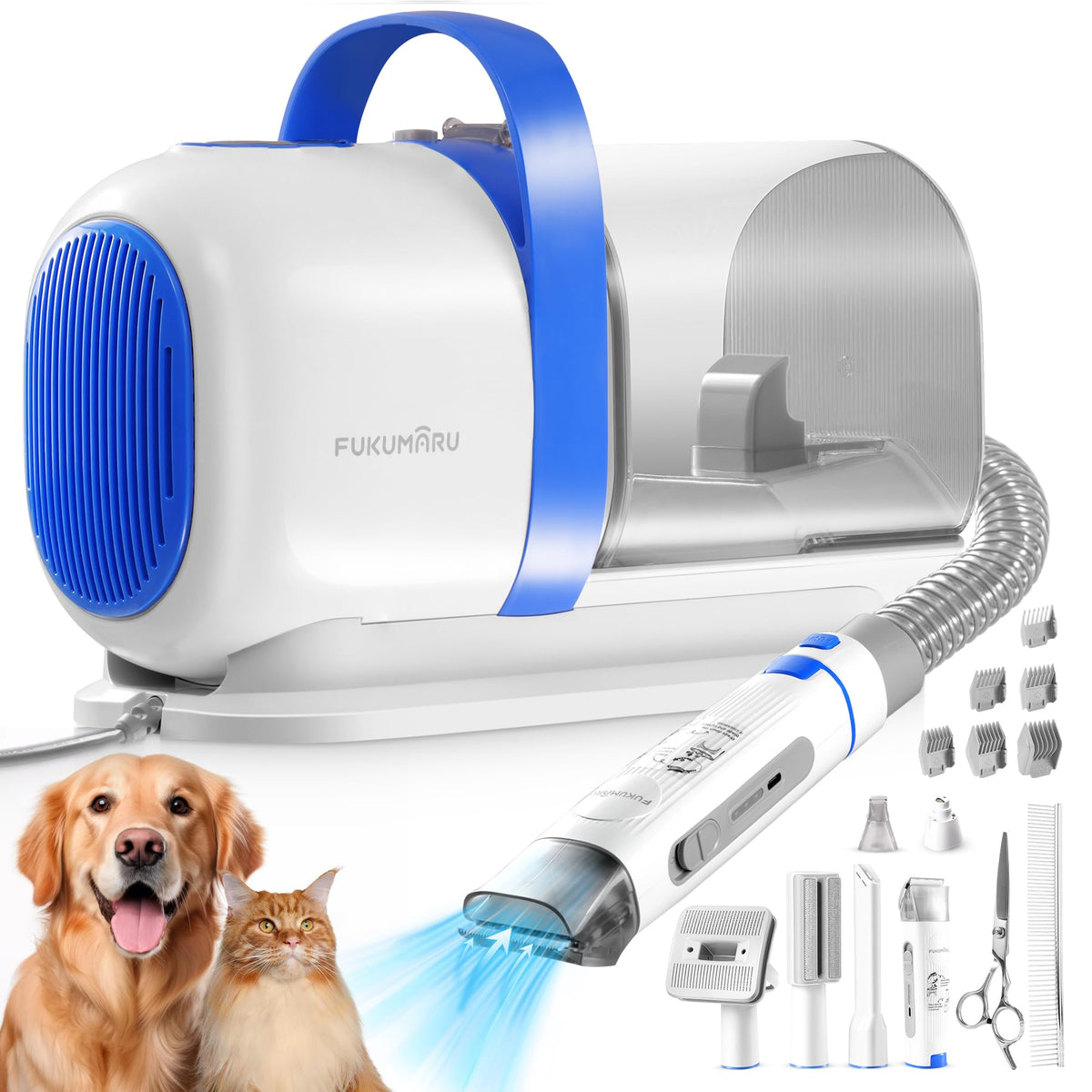Fukumaru Pet Grooming Vacuum Kit – 6-in-1 Low Noise Dog & Cat Grooming Set with 2L Dust Cup