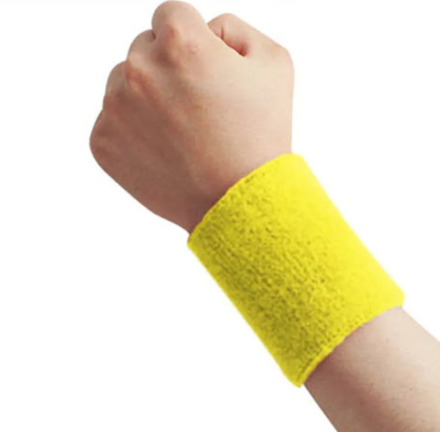 Yellow wristband on a person's wrist against a white background