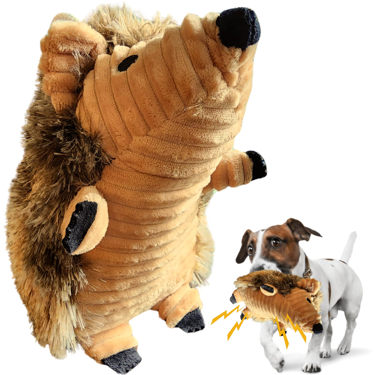 Me Gusta Shop Hedgehog Squeaky Plush Dog Toy - Double-Stitched with Crinkle Body | Brown